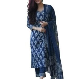 Pinkmint Indigo Printed Kurta Set for Women ll Kurta Pant & Dupatta Suit Set