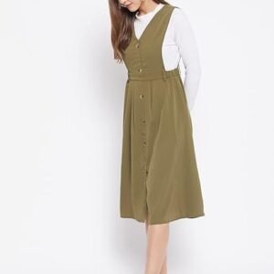 WineRed Women Soild Pinafore Dress with Button