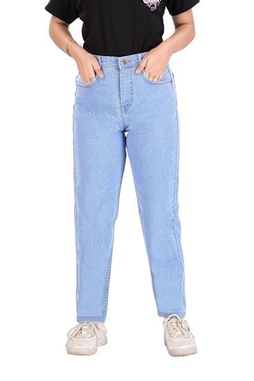 Women's Mom Fit Jeans I Denim Ankle Length Stretchable Pant with Curved Pocket I Clean Solid High Waist Loose Fit Pants I Stylish & Trendy Look I for Office Party Home Girls & Women