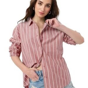 The Souled Store Striped Cotton Linen Shirt: Women and Girls Long Sleeves Collared Neck Button Front Cotton Linen Boyfriend Shirts