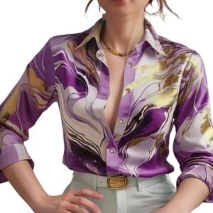 IndoPrimo Women's Satin Shirt with Long Sleeves Western Style Spread Collar Neck Relaxed Fit Abstact Printed Pattern and Standard Length