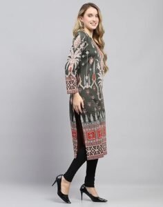 Monte Carlo Womens Self Design Round Neck Wool Blend Kurti Camel