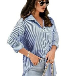 Women Striped Shirt,Oversized Cotton Shirt for Women,Long Sleeve Shirt 12.