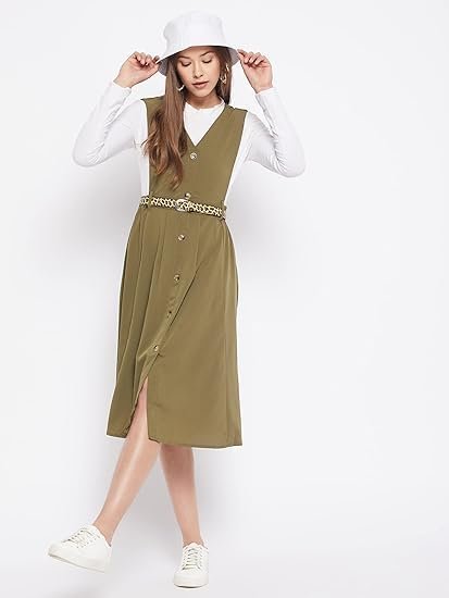 WineRed Women Soild Pinafore Dress with Button - Image 5