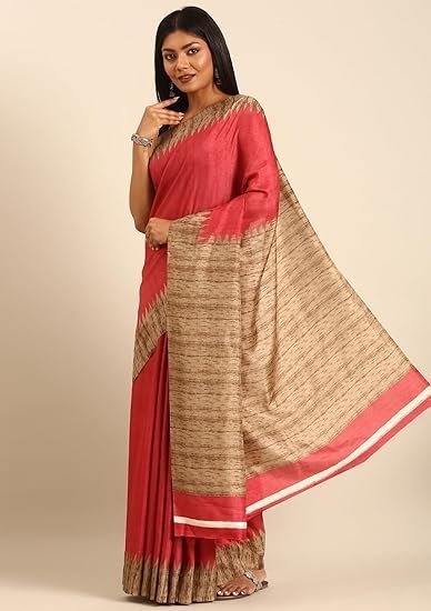 TAASHI Stylish Women Tussar Saree Temple Border Printed Body Traditional Temple Border Plain Pallu Plain Blouse - Image 4