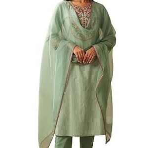 GoSriKi Women's Cotton Blend Embroidered Straight Kurta with Pant & Dupatta