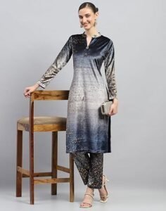 Monte Carlo Womens Printed Round Neck Wool Blend Kurti Set Blue