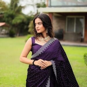 Yashika Women's Hot Fix Solid Color Satin Moss Saree with Unstitched Blouse Material