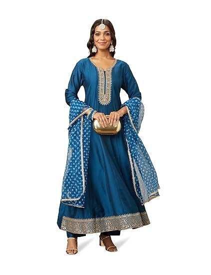 Myx Women's Embroidered Anarkali Kurta Pant Set with Organza Dupatta - Image 2