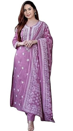 Women's 3/4 Sleeves Cotton Sulb Embroidered Work Kurti with Matching Pant & Embroidered Dupatta Set - Image 3