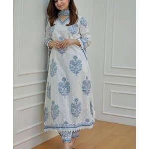 Arayna Women's Cotton Printed Floral Straight Kurta with Palazzo Pants and Dupatta