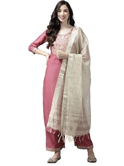 INDO ERA Women's Cotton Blend Yoke Design Straight Kurta Pant with Dupatta Set - Image 2