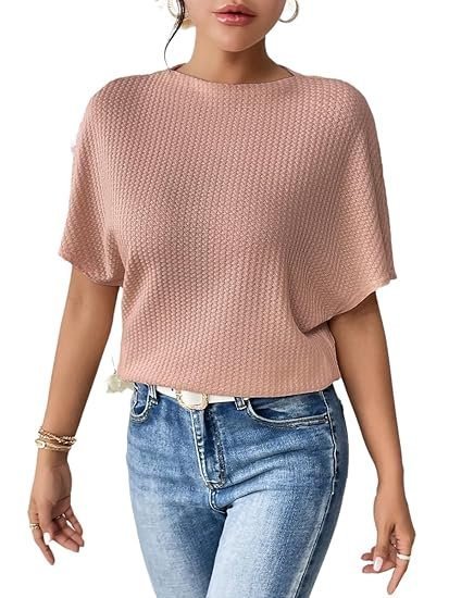 Zilcon Women Fashion Fall Batwing Half Sleeve Shirts Boat Neck Oversized Tunic Tops Casual Waffle Knit Shirts Tops for Women - Image 7