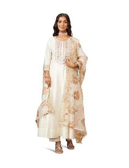 Myx Women's Solid Straight Embroidered Kurta Pant Set with Organza Dupatta - Image 6