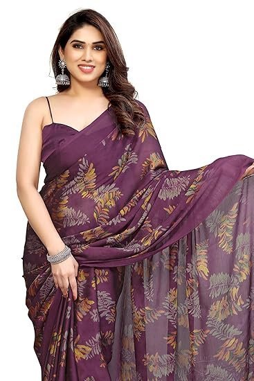 MIRCHI FASHION Women's Stylish Chiffon Leaf Printed Saree with Blouse Piece - Image 2