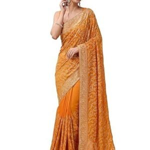 TRENDMALLS Women's Vichitra Silk Embroidery, Siroski Stone Work Saree with Unstitch Blouse Piece