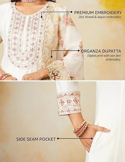 Myx Women's Solid Straight Embroidered Kurta Pant Set with Organza Dupatta - Image 4