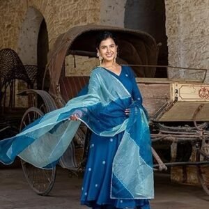 GoSriKi Women's Cotton Blend Anarkali Embroidered Kurta with Pant & Dupatta