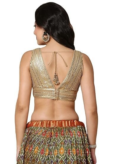 S SALWAR STUDIO Women's Gold Net Readymade Saree Blouse-SSB4526-GOLD - Image 4