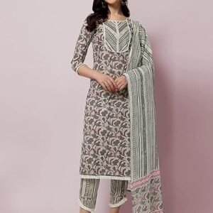 MIRCHI FASHION Women's Straight Fit Cotton Floral Printed and Embellished Kurta Set with Trouser Pant and Dupatta