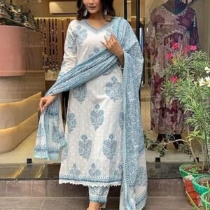 Nermosa Women Cotton Block Printed Kurta Pant With Dupatta