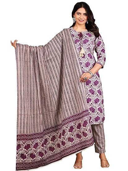 MOAJAZA Women's Cotton Handwork Straight Kurta with Pant & Dupatta - Image 2